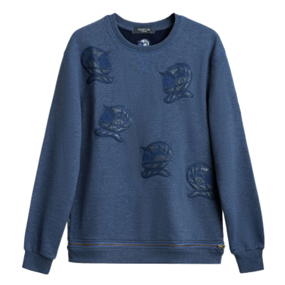 Blue Cotton Sweatshirt, with Micro-Leather Embroidery