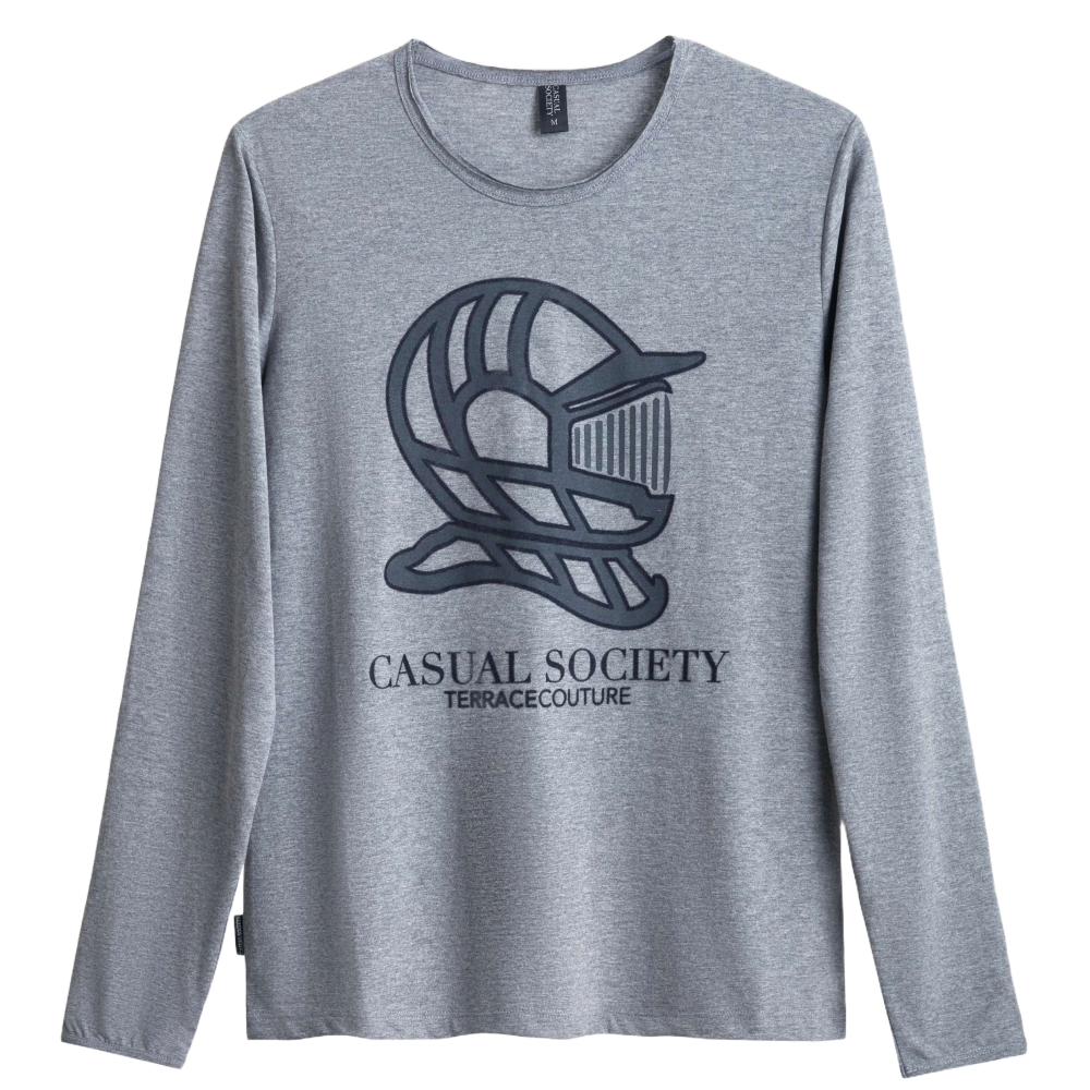 Grey Cotton Henley Shirt, with Logo in Navy Flock Print