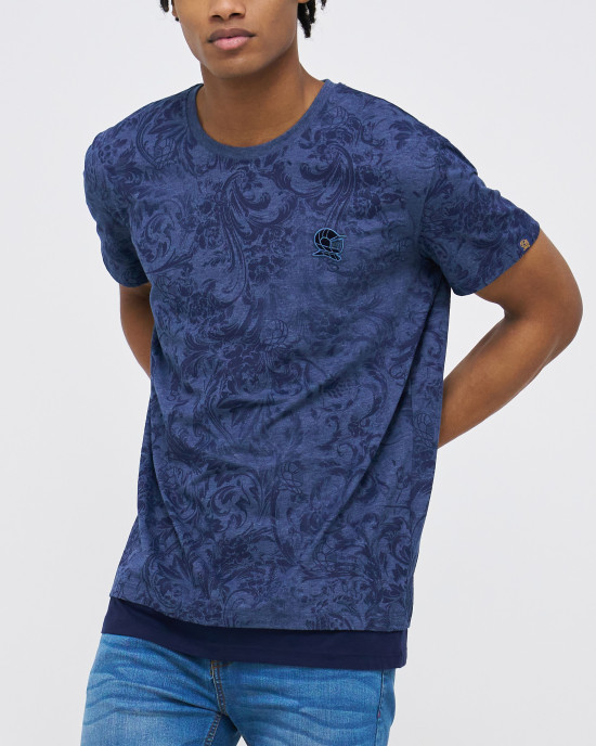 Men's Night Blue Melange Crew Neck T-Shirt, Barouque Print & Velvet Applique Logo Men's Night Blue Melange Crew Neck T-Shirt, Barouque Print & Velvet Applique Logo