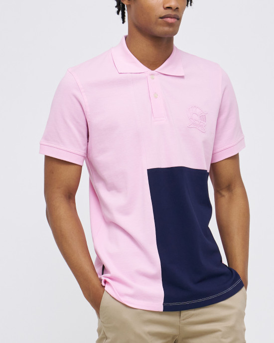 Men's Pink Polo, with Geometric Panel Tailoring and Casual Society Logo Men's Pink Polo, with Geometric Panel Tailoring and Casual Society Logo
