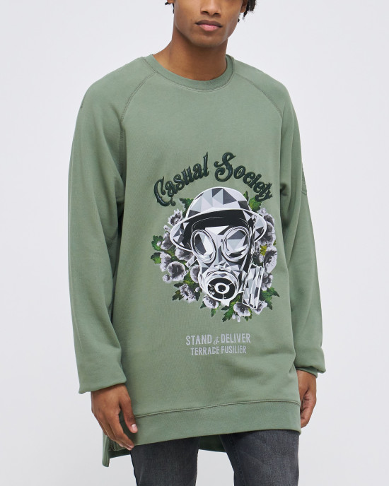 Men's Olive Loop-Back Sweatshirt, with Casual Society Velvet Applique and Embossed Embroidery Men's Olive Loop-Back Sweatshirt, with Casual Society Velvet Applique and Embossed Embroidery