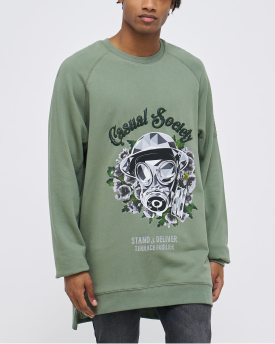 Men's Olive Loop-Back Sweatshirt, with Casual Society Velvet Applique and Embossed Embroidery Men's Olive Loop-Back Sweatshirt, with Casual Society Velvet Applique and Embossed Embroidery