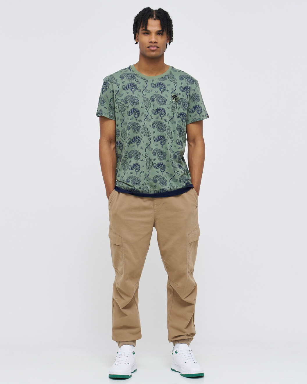 Men's Olive Jersey T-Shirt, Casual Society Paisley Monogram Print