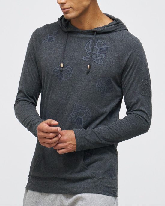 Men's Statue Grey, Hooded Henley, with Casual Society All-Over Rubber Print, Embossed Embroidery Logo Men's Statue Grey, Hooded Henley, with Casual Society All-Over Rubber Print, Embossed Embroidery Logo