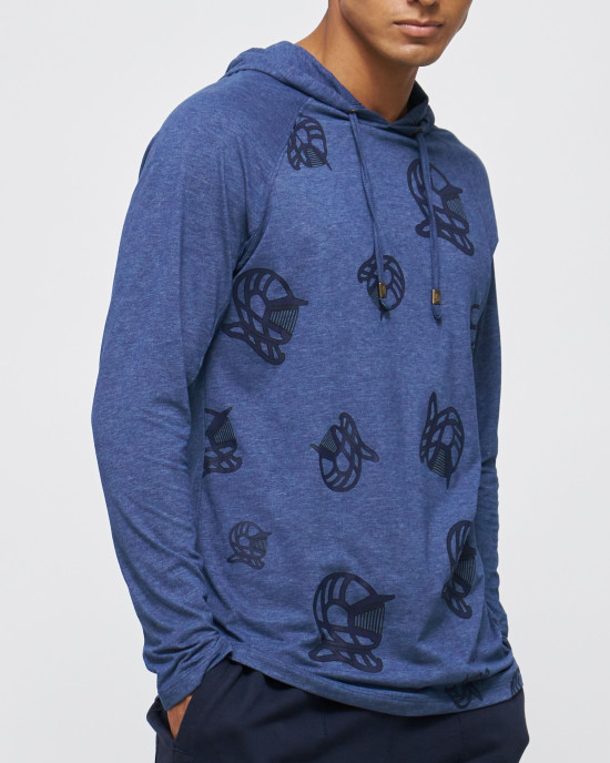 Men's Night Blue, Hooded Henley, with Casual Society All-Over Rubber Print, Embossed Embroidery Logo Men's Night Blue, Hooded Henley, with Casual Society All-Over Rubber Print, Embossed Embroidery Logo