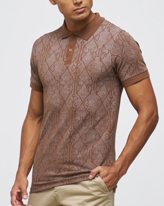 Men's Brown Pique Polo, with Antique Gate Print and Featuring Casual Society Logo Men's Brown Pique Polo, with Antique Gate Print and Featuring Casual Society Logo