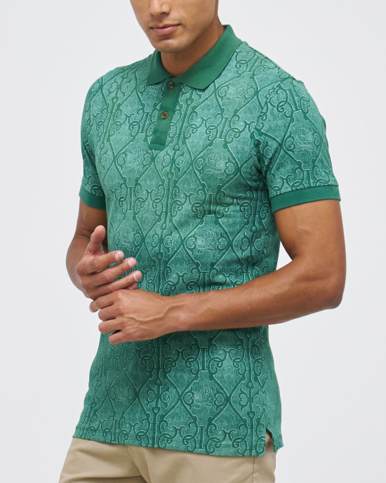 Men's Green Pique Polo, with Antique Gate Print Featuring Casual Logo Men's Green Pique Polo, with Antique Gate Print Featuring Casual Logo
