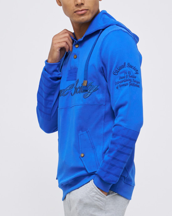 Men's Blue Single Jersey Hoodie, with Casual Society Micro-Laminate, Velvet Applique Embroidery Men's Blue Single Jersey Hoodie, with Casual Society Micro-Laminate, Velvet Applique Embroidery