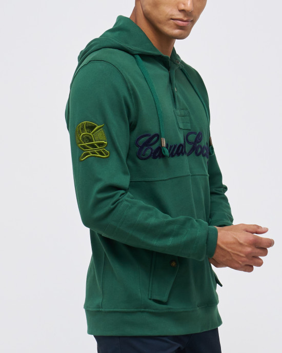 Men's Green Single Jersey Hoodie, with Casual Society Velvet Applique Embroidery Men's Green Single Jersey Hoodie, with Casual Society Velvet Applique Embroidery