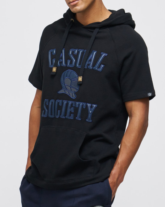 Men's Black Loop-Back Cotton Sweatshirt Hoodie with Micro-Leather Embossed Applique Embroidery Men's Black Loop-Back Cotton Sweatshirt Hoodie with Micro-Leather Embossed Applique Embroidery