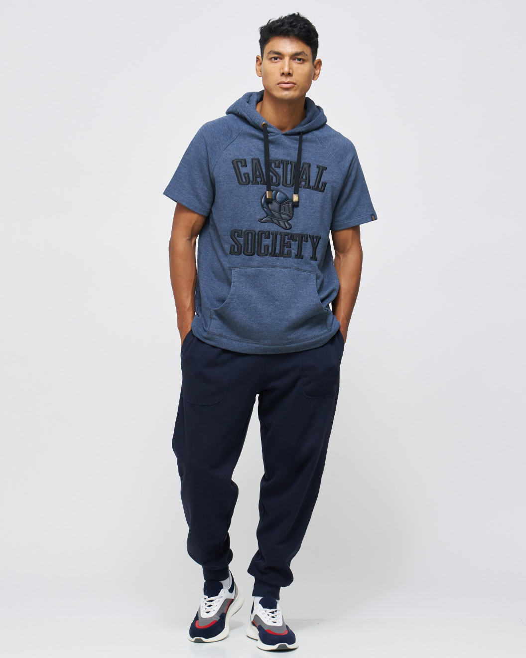 Men s Blue Loop Back Cotton Sweatshirt Hoodie with Micro Leather Embossed Applique Embroidery