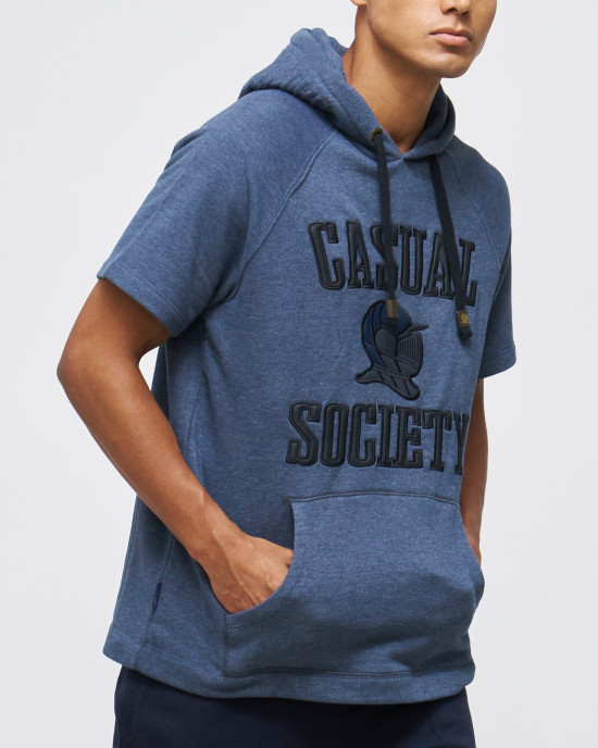 Men's Blue Loop-Back Cotton Sweatshirt Hoodie with Micro-Leather Embossed Applique Embroidery Men's Blue Loop-Back Cotton Sweatshirt Hoodie with Micro-Leather Embossed Applique Embroidery