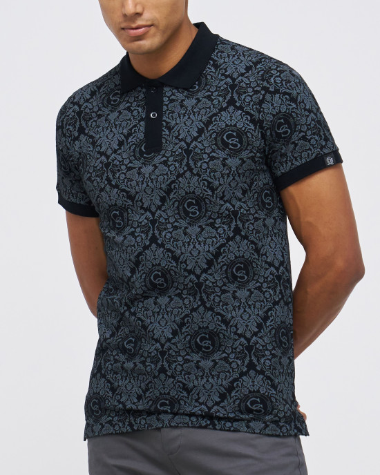 Men's Black Pique Polo, with Baroque Print and Casual Emboosed Society Logo Men's Black Pique Polo, with Baroque Print and Casual Emboosed Society Logo