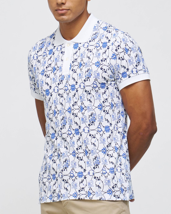Men's White Polo, with Paisley Print and Embossed Casual Society Logo Men's White Polo, with Paisley Print and Embossed Casual Society Logo