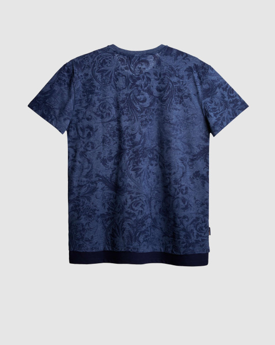 Men's Night Blue Melange Crew Neck T-Shirt, Barouque Print & Velvet Applique Logo Men's Night Blue Melange Crew Neck T-Shirt, Barouque Print & Velvet Applique Logo
