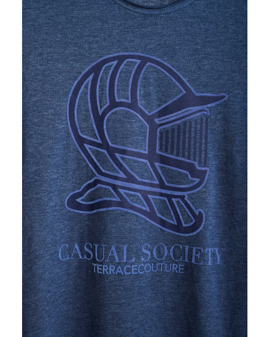 Men's Navy Cotton Melange, Henley Shirt, with Casual Society Logo in Navy Flock Print Men's Navy Cotton Melange, Henley Shirt, with Casual Society Logo in Navy Flock Print