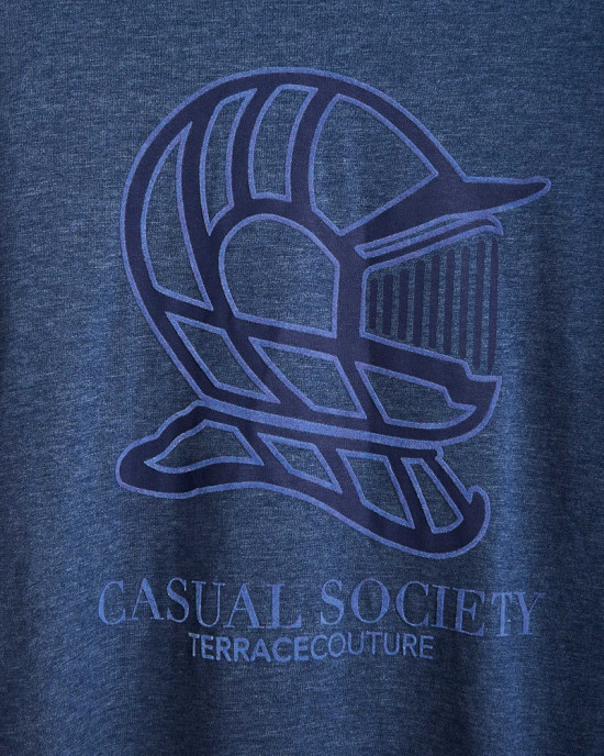 Men's Navy Cotton Melange, Henley Shirt, with Casual Society Logo in Navy Flock Print Men's Navy Cotton Melange, Henley Shirt, with Casual Society Logo in Navy Flock Print