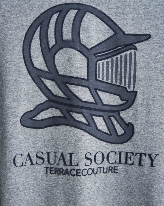 Men's Grey Cotton Melanage Henley Shirt, with Casual Society Logo in Grey Flock Print Men's Grey Cotton Melanage Henley Shirt, with Casual Society Logo in Grey Flock Print