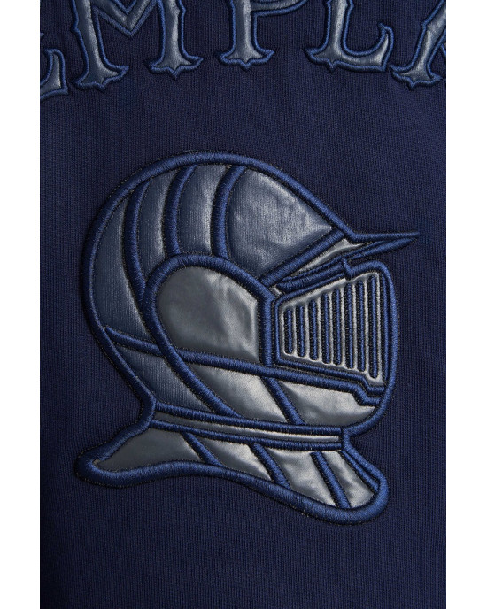 Men's Navy Loop-Back Cotton Sweatshirt Hoodie with Micro-Leather Embossed Applique Embroidery Men's Navy Loop-Back Cotton Sweatshirt Hoodie with Micro-Leather Embossed Applique Embroidery