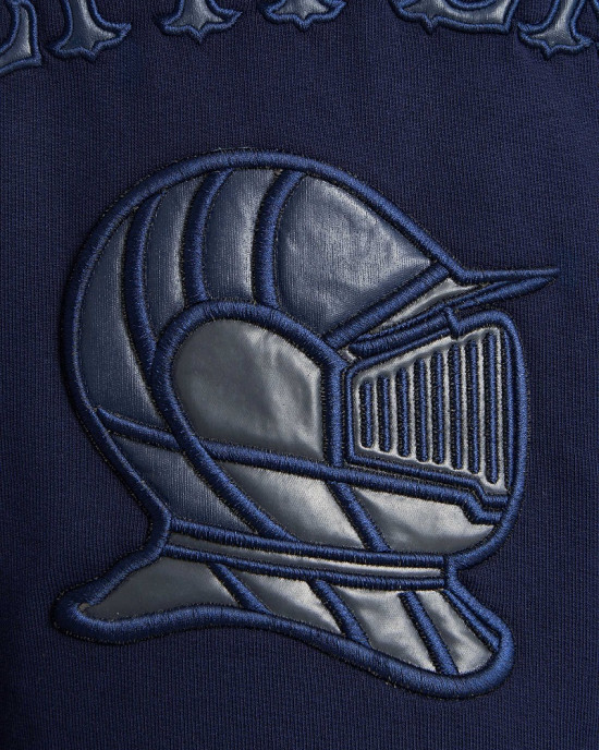 Men's Navy Loop-Back Cotton Sweatshirt Hoodie with Micro-Leather Embossed Applique Embroidery Men's Navy Loop-Back Cotton Sweatshirt Hoodie with Micro-Leather Embossed Applique Embroidery