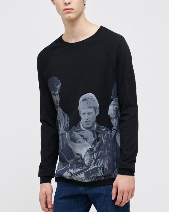 Men's Black Henley Shirt, with Jimmy - Phil Daniels Quadrophenia Print, with Embossed Embroidery Logo  Men's Black Henley Shirt, with Jimmy - Phil Daniels Quadrophenia Print, with Embossed Embroidery Logo