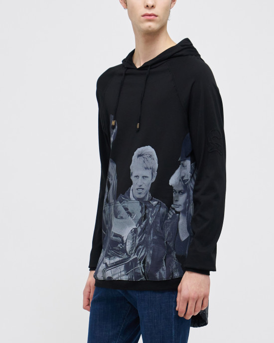 Men's Black, Hooded Henley Shirt, with Jimmy - Phil Daniels Quadrophenia Print, with Embossed Embroidery Logo Men's Black, Hooded Henley Shirt, with Jimmy - Phil Daniels Quadrophenia Print, with Embossed Embroidery Logo