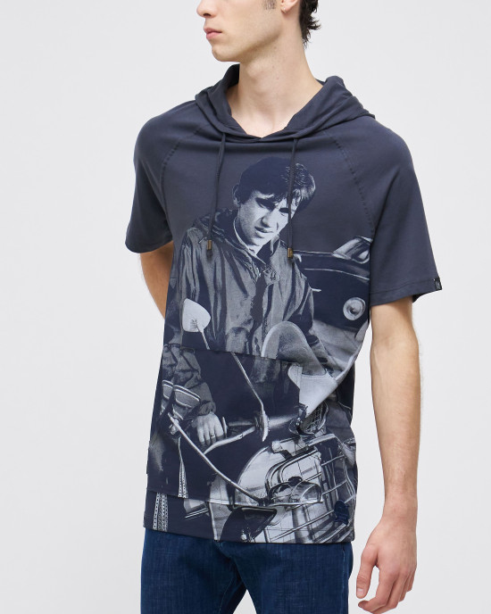 Men's Cobalt Grey, Hooded, Single Jersey T-Shirt, with Jimmy Quadrophenia Scooter Print Men's Cobalt Grey, Hooded, Single Jersey T-Shirt, with Jimmy Quadrophenia Scooter Print