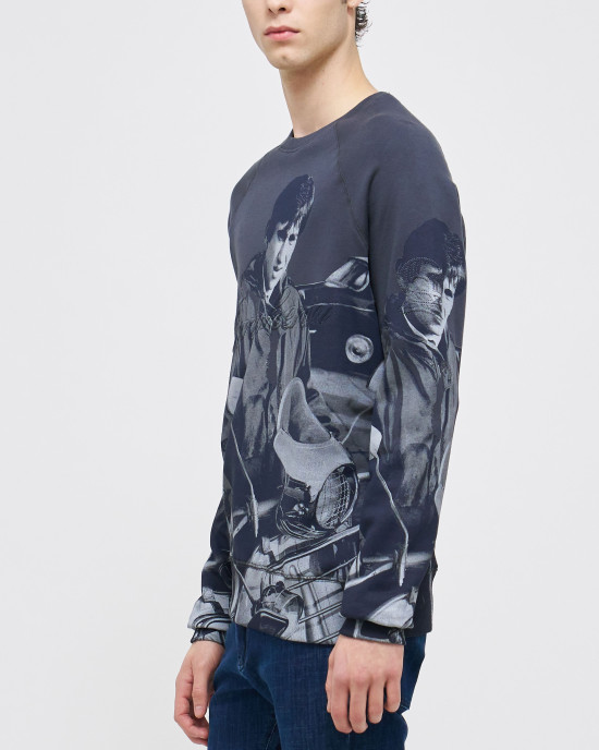 Men's Grey Melange Loop-Back Sweatshirt, Quadrophenia Print and Embossed Velvet Embroidery Men's Grey Melange Loop-Back Sweatshirt, Quadrophenia Print and Embossed Velvet Embroidery