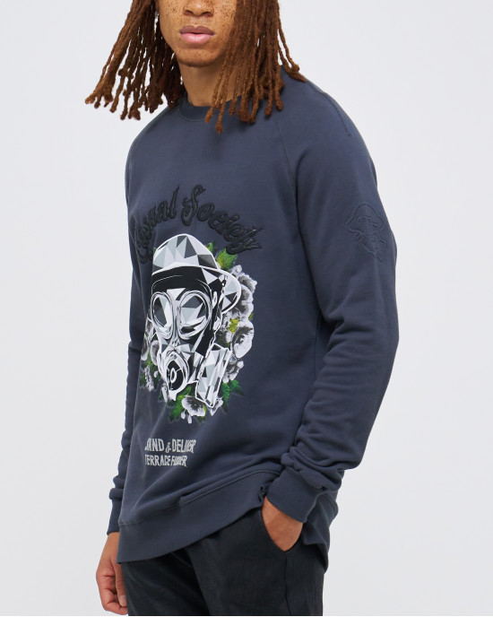 Men's Grey Loop-Back Sweatshirt, with Casual Society Velvet and Micro Leather Applique Embossed Embroidery