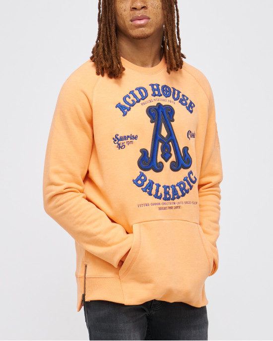 Mens, Pastel Orange Loop-Back Cotton Sweatshirt, with Casual Society Embossed Micro-Leather and Velvet Emroidery