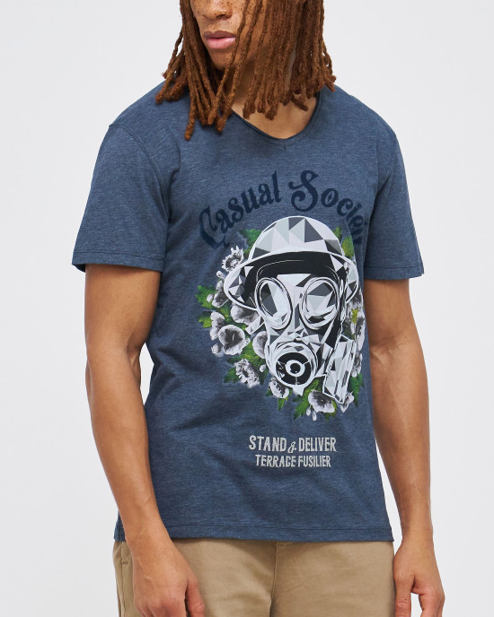 Men's Night Blue Cotton Melange T-Shirt, Casual Society X Fusilier London Stand & Deliver Rubber Print Men's Night Blue Cotton Melange T-Shirt, Casual Society X Fusilier London Stand & Deliver Rubber Print