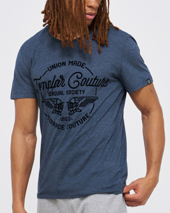 Men's Night Blue Cotton Melange T-Shirt, with Black Terrace Union Made Antique Flock Print in Black