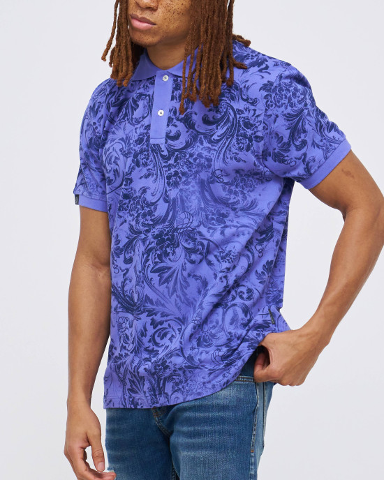 Men's Blue Polo, with Baroque Wall Paper Print and Embossed Casual Society Logo Men's Blue Polo, with Baroque Wall Paper Print and Embossed Casual Society Logo