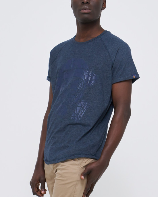 Men's Night Blue, Loose Fit T-Shirt, Geometric Fusilier Gasmask Rubber Print Logo Men's Night Blue, Loose Fit T-Shirt, Geometric Fusilier Gasmask Rubber Print Logo