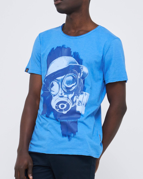 Men's Sky Blue Melange T-Shirt, with Brodie Boys Fusilier London Gas Mask in Rubber Print	 Men's Sky Blue Melange T-Shirt, with Brodie Boys Fusilier London Gas Mask in Rubber Print