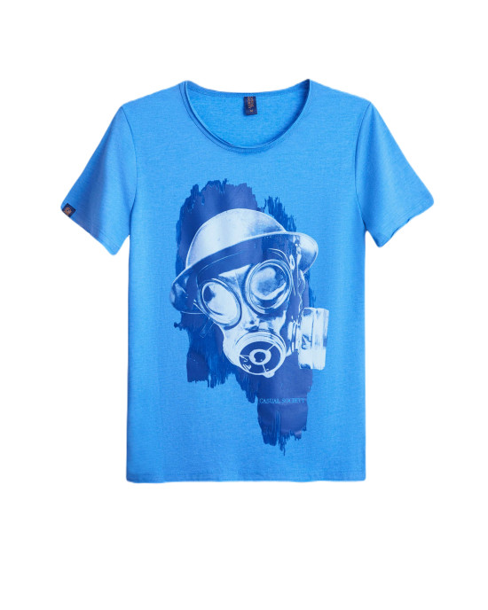Men's Sky Blue Melange T-Shirt, with Brodie Boys Fusilier London Gas Mask in Rubber Print	 Men's Sky Blue Melange T-Shirt, with Brodie Boys Fusilier London Gas Mask in Rubber Print
