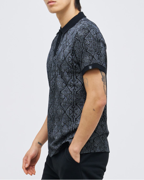 Men's Black Pique Polo, with Antique Gate Print, Featuring Casual Society Logo