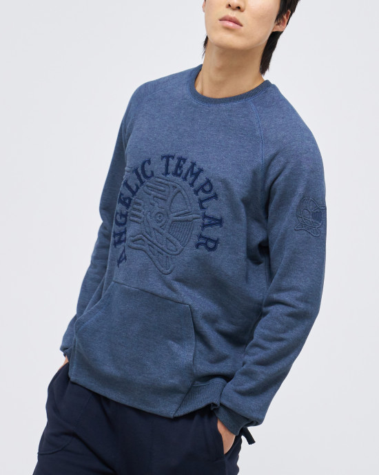 Men's Blue Loop-Back Cotton Sweatshirt, with Casual Society Embossed Micro-Leather and Velvet Embroidery Men's Blue Loop-Back Cotton Sweatshirt, with Casual Society Embossed Micro-Leather and Velvet Embroidery
