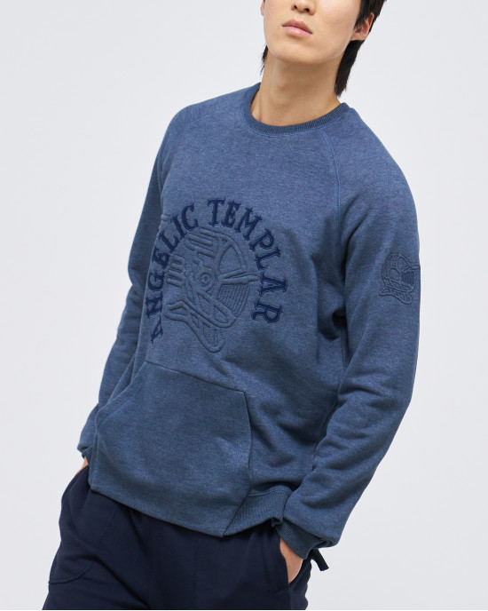 Men's Blue Loop-Back Cotton Sweatshirt, with Casual Society Embossed Micro-Leather and Velvet Embroidery Men's Blue Loop-Back Cotton Sweatshirt, with Casual Society Embossed Micro-Leather and Velvet Embroidery