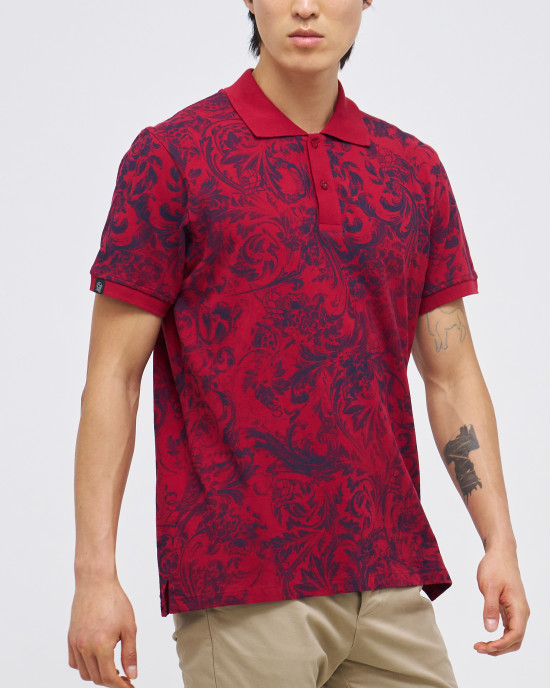 Men's Red Polo, with Baroque Wall Paper Print and Embossed Casual Society Logo Men's Red Polo, with Baroque Wall Paper Print and Embossed Casual Society Logo