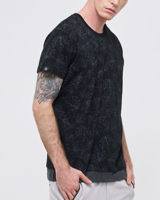 Men's Black Jersey T-shirt, Autumn Leaves Print & Shadow Contrast layered Waist Men's Black Jersey T-shirt, Autumn Leaves Print & Shadow Contrast layered Waist