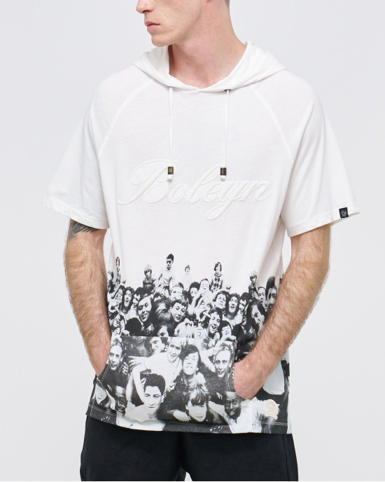 Men's White, Short Sleeve Hoodie T-Shirt, 80s Iconic Boleyn Ground Boys Club Print & Embossed Boleyn Logo Men's White, Short Sleeve Hoodie T-Shirt, 80s Iconic Boleyn Ground Boys Club Print & Embossed Boleyn Logo