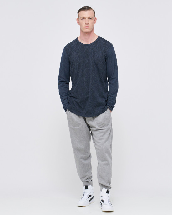 Men's Night Blue Melange Henley Shirt, with Antique Barouque All-over Print on Front Panel Men's Night Blue Melange Henley Shirt, with Antique Barouque All-over Print on Front Panel