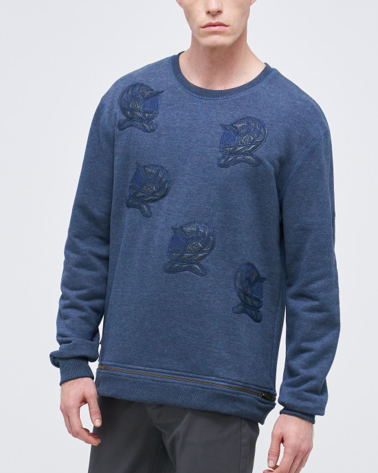 Men's Blue Loop-Back Cotton Sweatshirt, with Casual Society Micro-Leather Embroidery Men's Blue Loop-Back Cotton Sweatshirt, with Casual Society Micro-Leather Embroidery