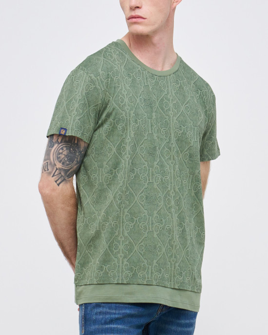 Men's Olive Green Jersey T-Shirt, Feat Casual Society Barouque Geometric All-Over Print Men's Olive Green Jersey T-Shirt, Feat Casual Society Barouque Geometric All-Over Print