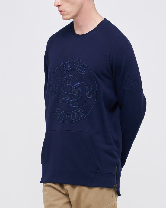 Men's Navy Loop-Back Cotton Sweatshirt, with Casual Society Embossed Micro-Leather and Velvet Emroidery Men's Navy Loop-Back Cotton Sweatshirt, with Casual Society Embossed Micro-Leather and Velvet Emroidery