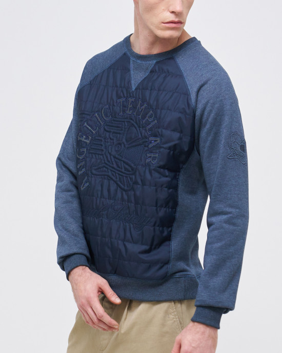 Men's Blue Loop-Back Cotton Sweatshirt with Micro-Leather and Velvet Applique Embossed Embroidery Men's Blue Loop-Back Cotton Sweatshirt with Micro-Leather and Velvet Applique Embossed Embroidery