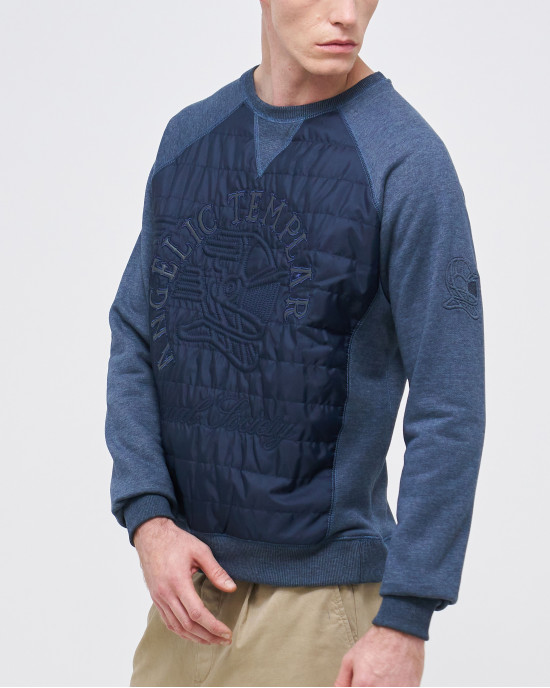 Men's Blue Loop-Back Cotton Sweatshirt with Micro-Leather and Velvet Applique Embossed Embroidery Men's Blue Loop-Back Cotton Sweatshirt with Micro-Leather and Velvet Applique Embossed Embroidery