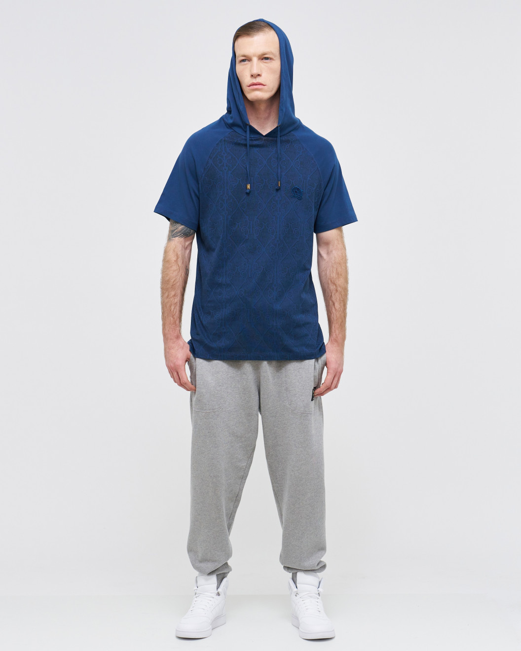 Men's Hazel Blue Hoodie T-Shirt, Antique Print & Velvet Applique Embroidery Logo