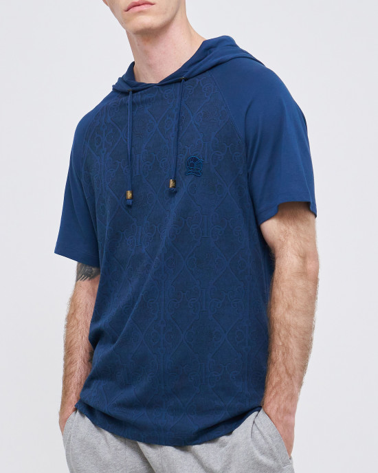 Men's Hazel Blue Hoodie T-Shirt, Antique Print & Velvet Applique Embroidery Logo Men's Hazel Blue Hoodie T-Shirt, Antique Print & Velvet Applique Embroidery Logo